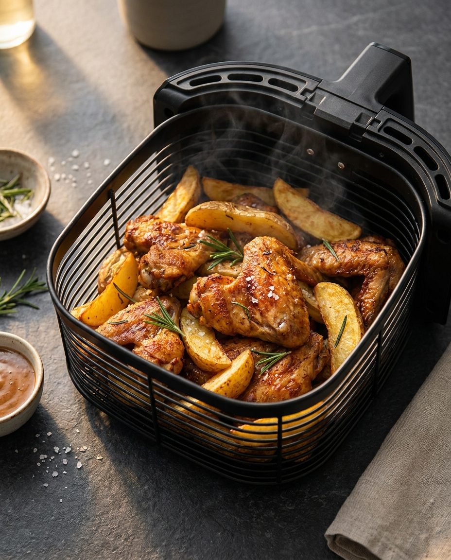 Alitas y patatas doradas recién hechas en la freidora de aire